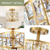 MEXO Gold Finish 3LT Crystal Semi Flush Mount Ceiling Light Fixture, Cylinder...