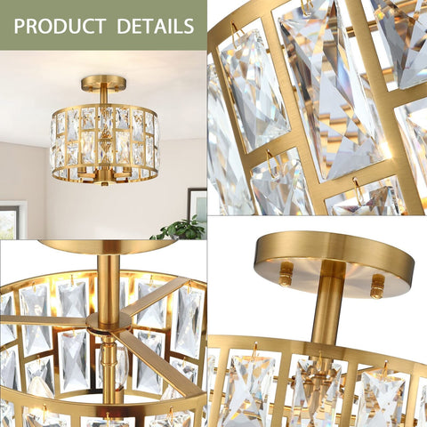 MEXO Gold Finish 3LT Crystal Semi Flush Mount Ceiling Light Fixture, Cylinder...
