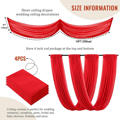 Ceiling Drapes for Weddings Red Sheer Draping Fabric 5x15FT 4 Panels Chiffon ...