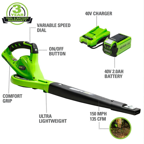 Greenworks 40V (150 MPH / 130 CFM) Cordless Leaf Sweeper (2.0Ah), Green/Black