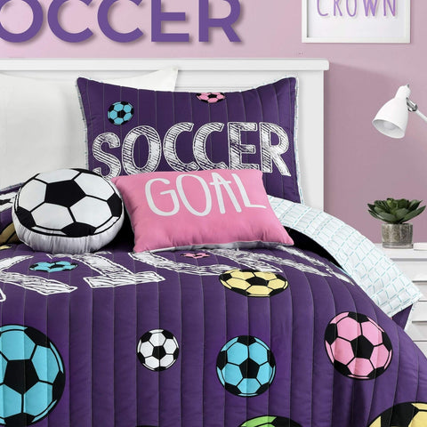 Lush Decor Girls Soccer Bedding - 4 Piece Quilt Set, Twin, Purple