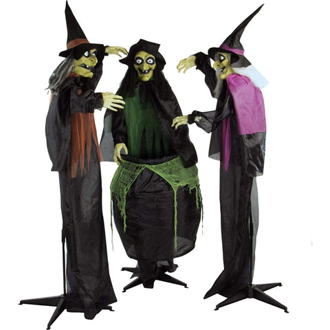 Haunted Hill Farm Life-Size Scary Talking 3 Witches with Cauldron Halloween A...