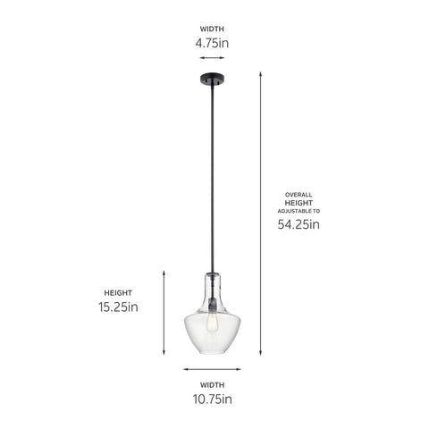 KICHLER 42141BK Everly Pendant, 1-Light 100 Watts, Black 10.5" Clear Glass