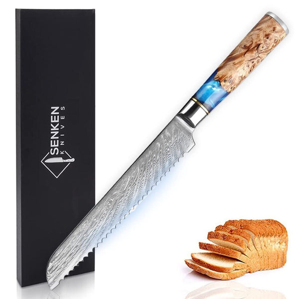 SENKEN Damascus Steel Bread Knife - Tsunami Collection - 67-Layer Japanese VG...