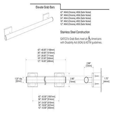 Gatco 942 Elevate 18"L Grab Bar, Chrome/Stainless Steel ADA 18 Inch, Chrome