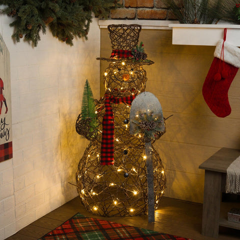 Alpine Corporation CHT922 47" Rattan Snowman with Shovel & Scarf Decor, 60 Wa...