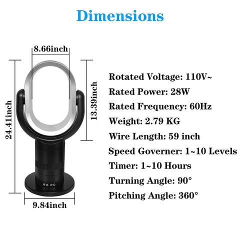 HealSmart Medium size portable bladeless fan, small table fan, 10 speeds sett...