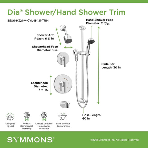 Symmons 3506-H321-V-CYL-B-1.5-TRM Dia 2-Handle Tub and 1-Spray Shower Trim wi...