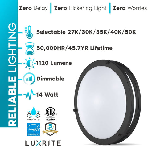 LUXRITE 12 Inch LED Flush Mount Ceiling Light, 5 Color Selectable 2700K | 300...