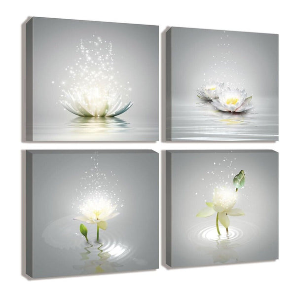 Flowers Wall Art White Elegant Floral Canvas Art Print Blooming Lotus Picture...