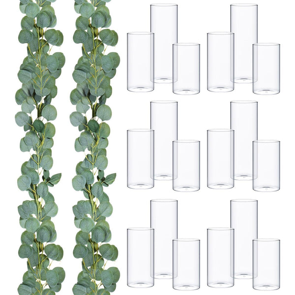 Pinkunn 18 Pcs Glass Cylinder Vases with Green Eucalyptus Wreath for Centerpi...