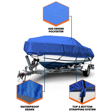 Budge B-600-X3 600 Denier V-Hull Runabout/Bass Boat Cover Blue 16' - 18' Long...