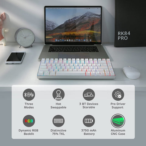 RK ROYAL KLUDGE RK84 Pro RGB 75% Triple Mode BT5.0/2.4G/USB-C Hot Swappable M...
