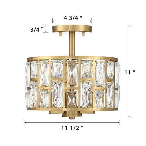MEXO Gold Finish 3LT Crystal Semi Flush Mount Ceiling Light Fixture, Cylinder...