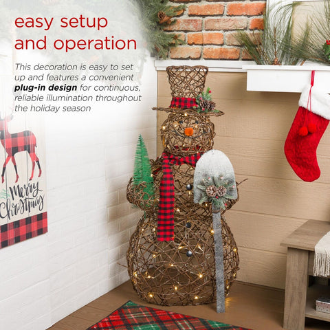 Alpine Corporation CHT922 47" Rattan Snowman with Shovel & Scarf Decor, 60 Wa...