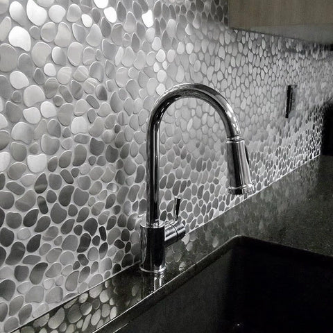 Metal Pebble Mosaic Tiles, 5 Sheets Stainless Steel Backsplash Tile Mesh Moun...