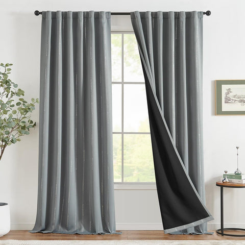 jinchan Boho Blackout Curtains for Bedroom, Silver Foil Striped Patterned Gre...