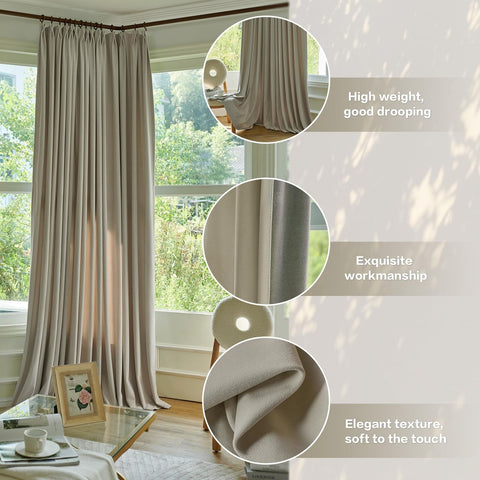 MAIHER Luxury Velvet Pleated Curtains 90 Inches Long 1 Panel, Camel Beige Pin...