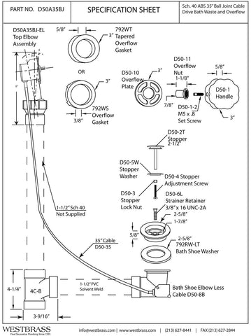 Westbrass Sch. 40 ABS 35 in. Cable Drive Bath Waste - Ball Joint Head, Polish...