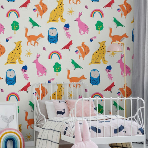 Joules Country Critters Heroes White and Rainbow Wallpaper