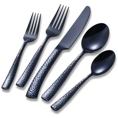 Silverware Set Black Hammered Pattern Flatware Cutlery Stainless Steel Utensi...