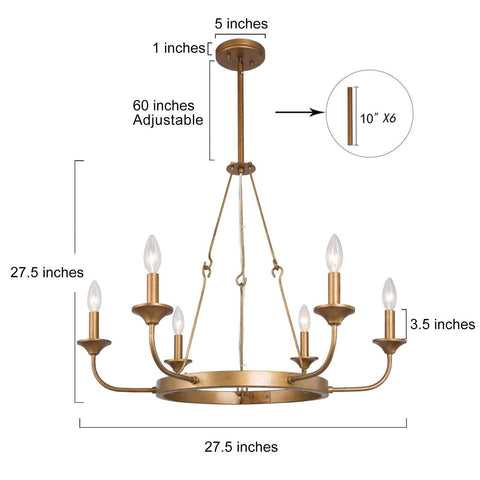 Uolfin Large Antique Gold Chandelier, Modern 6-Light Wagon Wheel Chandelier L...