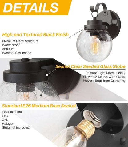 LOG BARN Black Outdoor Wall Lights 2 Pack, Exterior Globe Anti Rust Waterproo...