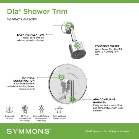 Symmons S-3501-CYL-B-1.5-TRM Dia Single Handle 1-Spray Shower Trim with Secon...