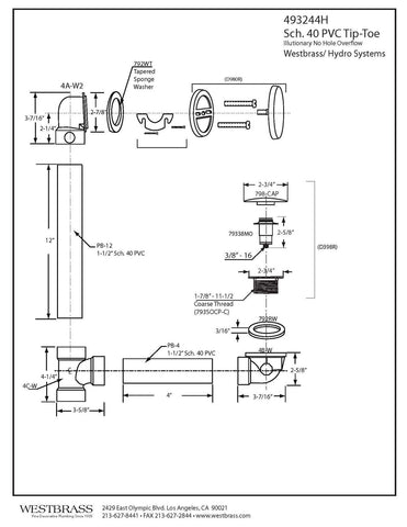 Westbrass 493244H-01 12" & 4" Bath Waste & Overflow Assembly with Tip-Toe Dra...