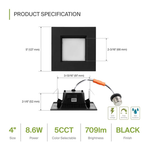 ASD Black 4 Inch LED Recessed Lighting Retrofit Square 5 CCT Selectable 2700K...