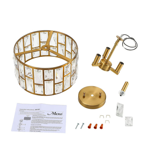 MEXO Gold Finish 3LT Crystal Semi Flush Mount Ceiling Light Fixture, Cylinder...