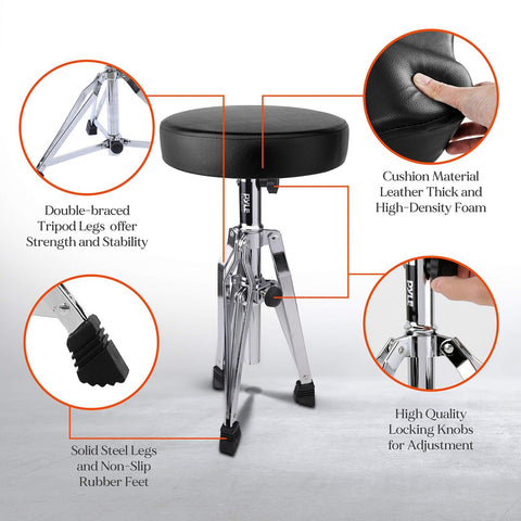 Pyle Adjustable Drum Throne Stool-Portable with Double-braced Tripod Legs, Fo...