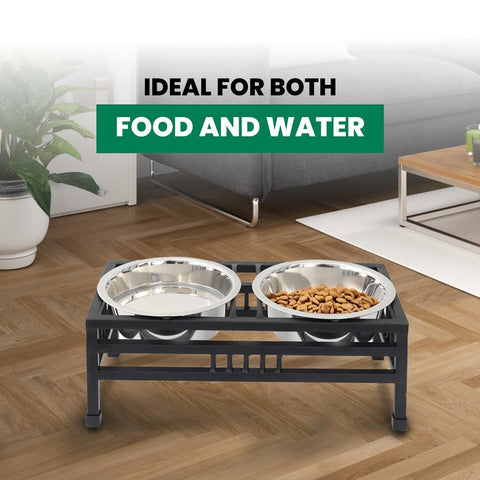 Iconicpet Elevated Rectangular Pet Double Diner with Stainless Steel Bowls fo...