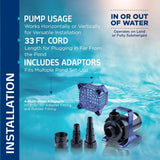 Alpine Corporation 3100 GPH Submersible Water Pump with 33 FT Cord and Adapte...