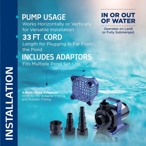 Alpine Corporation 3100 GPH Submersible Water Pump with 33 FT Cord and Adapte...