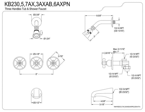 Kingston Brass KB235AX Tub and Shower Faucet with 3-Cross Handle, Oil Rubbed ...