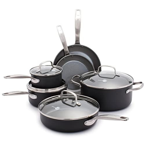 GreenPan Chatham Hard Anodized 10 Piece Cookware Pots and Pans Set, Gray