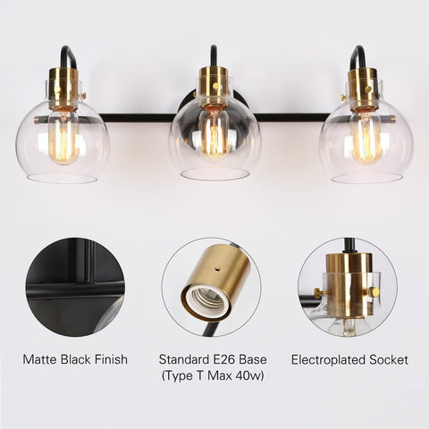 Bathroom Light Fixtures, 3-Light Black Bathroom Vanity Light with Electroplat...