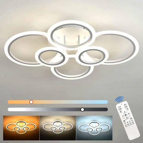 Modern LED Ceiling Light Fixture with Remote Dimmable 6 Ring White Flush Moun...