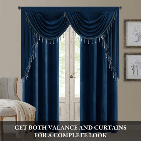 StangH Navy Blue Velvet Curtain Valances for Home Decoration, Luxury Waterfal...