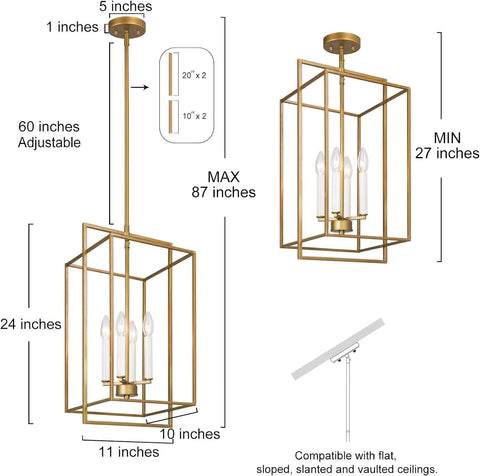 GEPOW Gold Chandelier, Modern 4-Light Foyer Chandeliers Linear Lighting