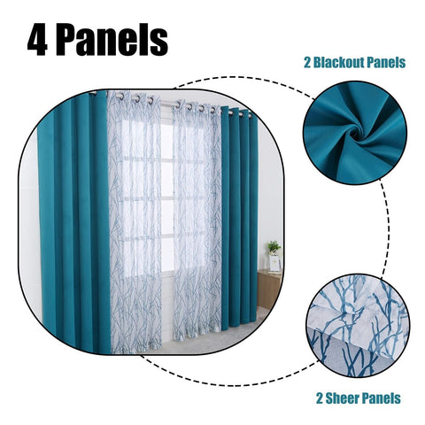 BONZER Mix and Match Curtains - 2 Pieces Branch Print Sheer Curtains and 2 Pi...