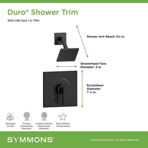 Symmons 3601-MB-SH4-1.5-TRM Duro Single Handle 1-Spray Shower Trim in Matte B...