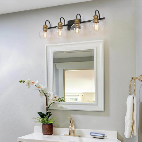 LALUZ Bathroom Light Fixtures, 4-Light Black and Gold Vanity Lights for Bathr...